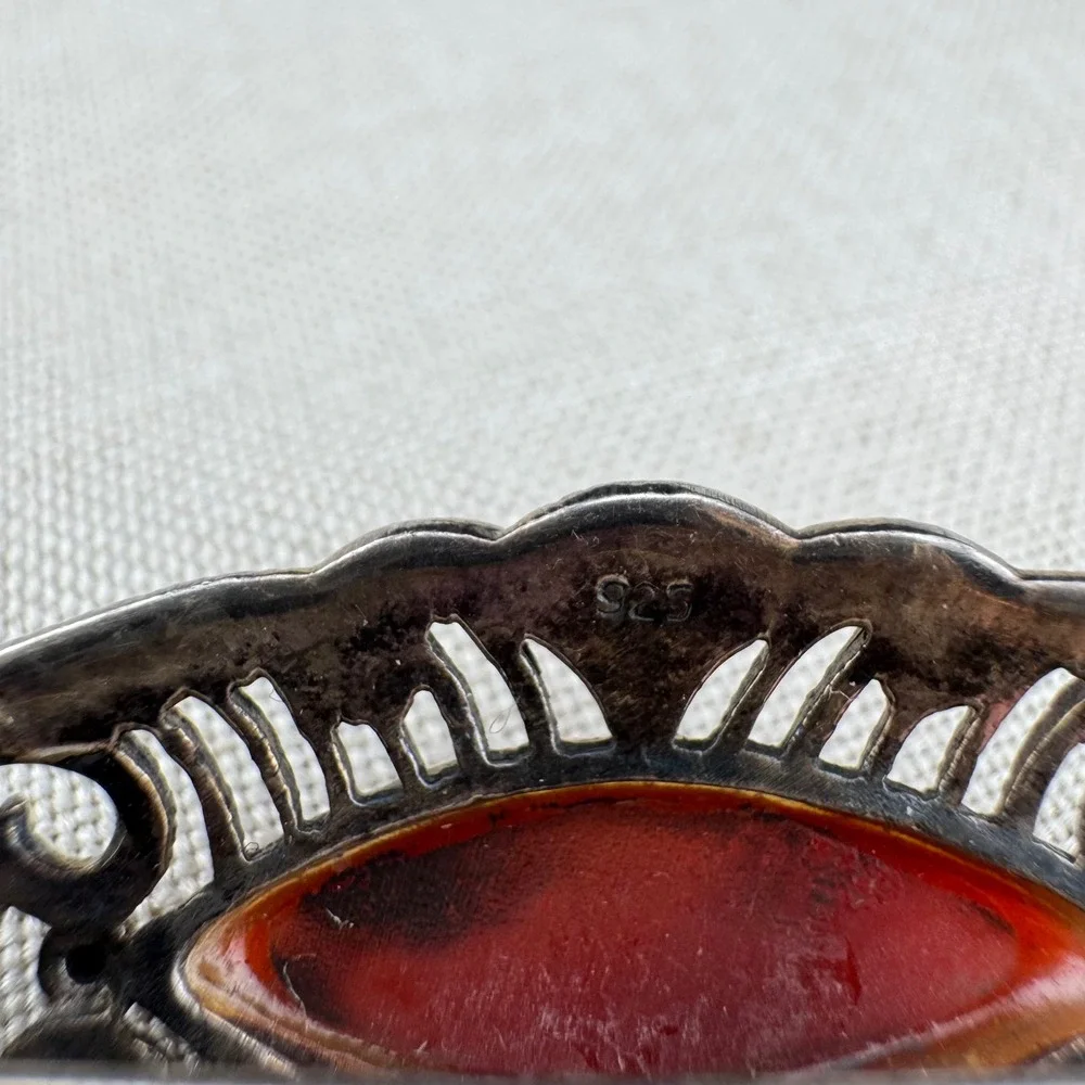 Vintage Sterling Silver Brooch Art Deco Pin 925 Carnelian Filigree